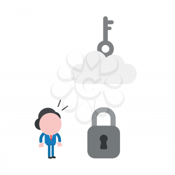 Vector illustration businessman character looking key on cloud to unlock padlock.