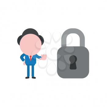 Vector illustration businessman character showing hand stop sign with closed padlock.