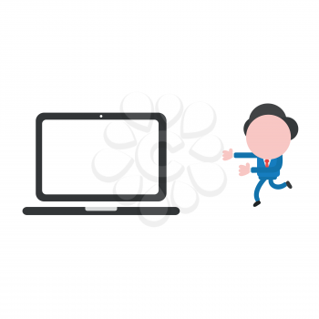 Vector illustration businessman character running to laptop computer.
