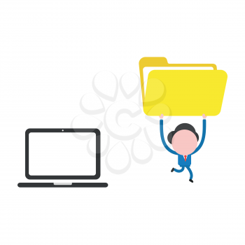 Vector illustration businessman character running from laptop computer and carrying open file folder.
