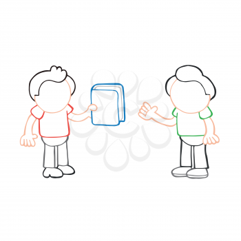 Vector hand-drawn cartoon illustration of man giving book to another man.
