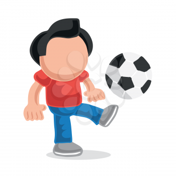 Vector hand-drawn cartoon illustration of man standing kicking playing soccer ball.