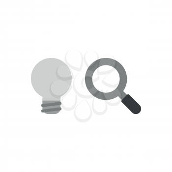 Flat design vector illustration concept of grey light bulb symbolizing bad idea with magnifying glass symbol icon.