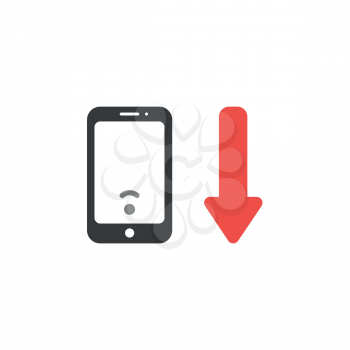 Flat design vector illustration concept of black smartphone with low wireless wifi signal symbol icon and red arrow moving down.