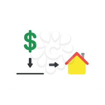 Vector illustration concept of green dollar symbol into moneybox hole and showing yellow house icon.