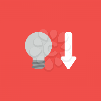 Flat vector icon concept of grey light bulb with arrow moving down on red background.