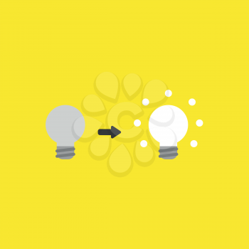 Flat vector icon concept of grey and glowing light bulbs on yellow background.