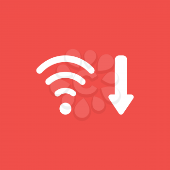 Flat vector icon concept of wireless wifi symbol with arrow moving down on red background.