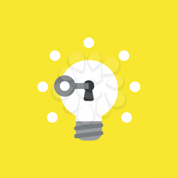 Flat vector icon concept of key unlock glowing light bulb keyhole on yellow background.
