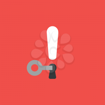 Flat vector icon concept of key unlock exclamation mark keyhole on red background.