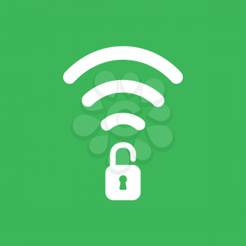 Flat vector icon concept of wireless wifi symbol with opened padlock on green background.