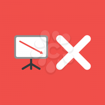 Flat vector icon concept of sales chart with arrow moving down and x mark on red background.
