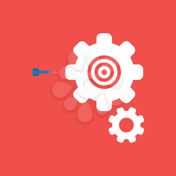 Flat vector icon concept of dart and bulls eye inside gears on red background.