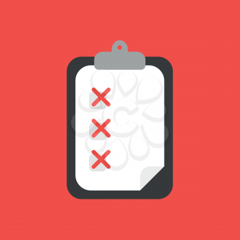 Flat vector icon concept of clipboard with paper and three x marks on red background.
