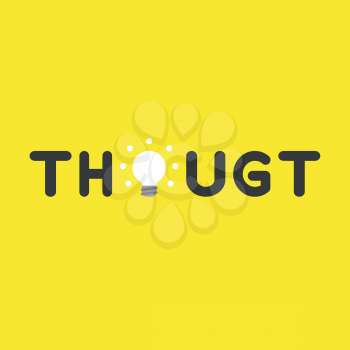 Flat vector icon concept of thought word with glowing light bulb on yellow background.