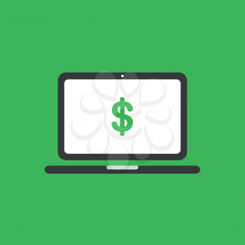 Flat vector icon concept of laptop computer with dollar symbol on green background.