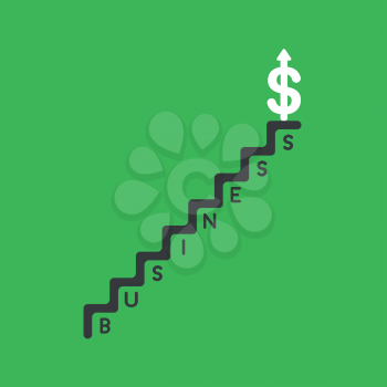 Flat vector icon concept of dollar symbol with arrow moving up on top of business stairs on green background.
