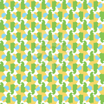 Vector seamless pattern texture background with geometric shapes, colored in green, yellow, blue and white colors.