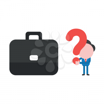 Vector illustration businessman character with briefcase and holding question mark.