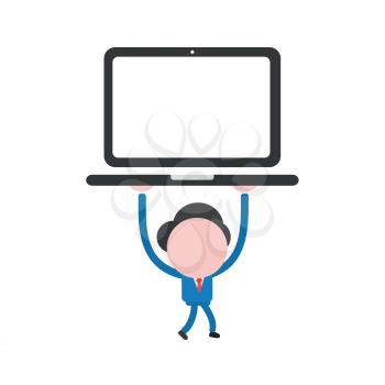 Vector illustration businessman character walking and holding up laptop computer.