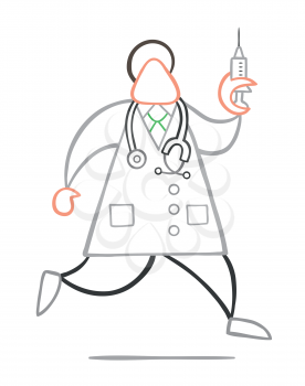 Vector illustration cartoon doctor man with stethoscope and running, holding syringe ready for injection.