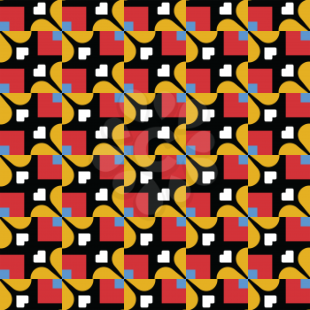 Vector seamless pattern texture background with geometric shapes, colored in red, gold, blue, white and black colors.