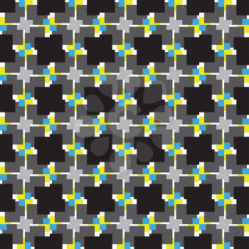 Vector seamless pattern texture background with geometric shapes, colored in grey, black, white, blue and yellow colors.