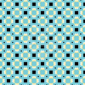 Vector seamless pattern background texture with geometric shapes, colored in blue, yellow, white and black colors.