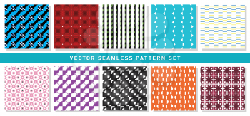 Vector seamless pattern texture background set with geometric shapes in blue, black, white, red, green, yellow, pink, purple and orange colors.