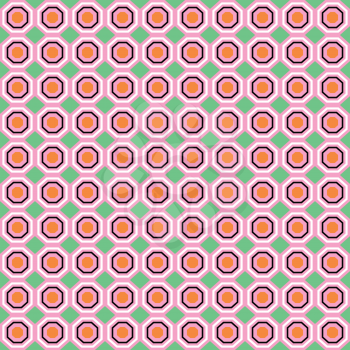 Vector seamless pattern texture background with geometric shapes, colored in pink, orange, black, green and white colors.