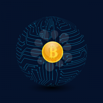 Circle from the motherboard and bitcoin coins on a dark background. Global business. Vector illustration .