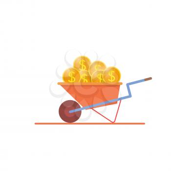 Construction wheelbarrow full of gold dollar coins on a white background. Investing money in a profitable business. Vector illustration .