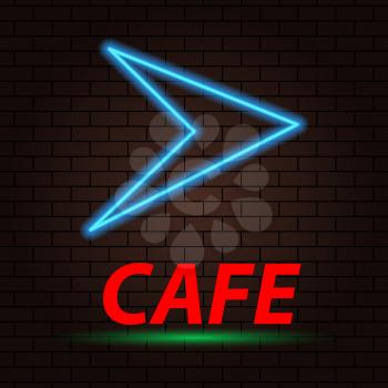Neon arrow and the inscription cafe on a brick background. Vector illustration .
