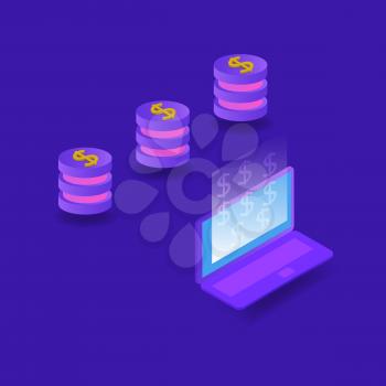 Connecting a computer to the network and making money. Vector isometric illustration.
