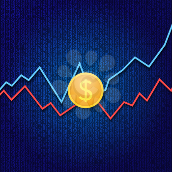 Coin dollar and profit growth graphs on a digital background. Vector illustration .