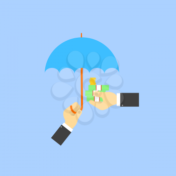 Businessman umbrella covers the money of another businessman. The concept of saving money. Vector illustration .