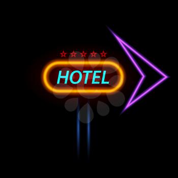 Neon sign of the hotel on a dark background. Vector illustration .