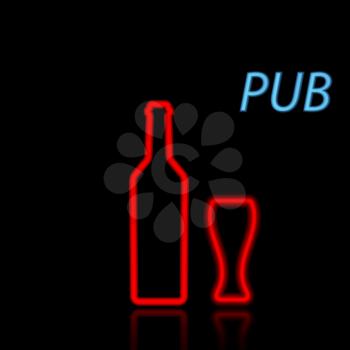 Beer bottle and glass, neon sign on a black background. Vector illustration.