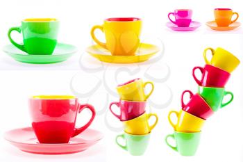 Set, Collage Yellow, Red, Green Color Cups. Leaning Tower Stack Of Clean Different Cups Isolated On White Background