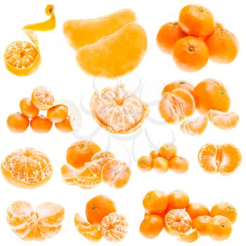 Fresh Mandarin Citrus Isolated Tangerine Mandarine Orange In Heap On White Background. Healthy Food Concept. Set, Collage