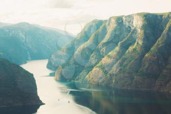 Norway Nature Fjord, Summer Sognefjord. Sunny Day, Landscape With Mountain, Pure Water Lake, Pond, Sea