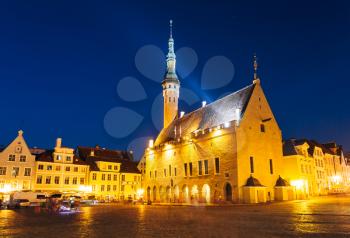 Night Summer Scenery Of The Town Hall Square (Raekoja Plats) In Tallinn, Estonia