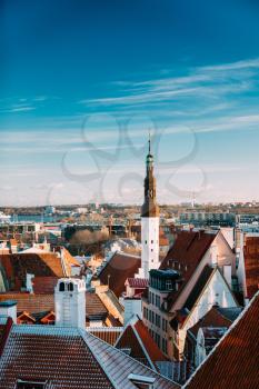 Tallinn, Estonia. Tower Of Church Of Holy Ghost Or Holy Spirit Is Medieval Lutheran Church Located Behind Raekoja Plats, Opposite Great Guild And Maiasmokk And Roofs Of Other Houses In Winter Day.