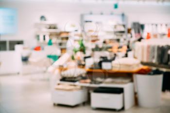 Blured Bokeh View Of Home Accessories And Household Products In Store Of Shopping Center.