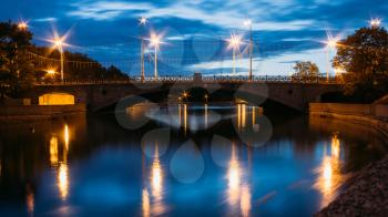 Night View Of River And Bridge In Center Of Minsk, Belarus