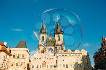 Soap bubble on the background of Church Of Our Lady Before Tyn In Old Town Square in Prague, Czech Republic