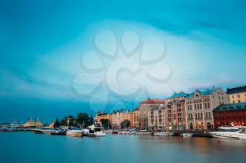 Embankment In Helsinki At Summer Evening, Finland. Town Quay, Famous Place