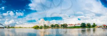 Building In Old Part Minsk, Downtown Nyamiha, Nemiga View With Svisloch River, Belarus