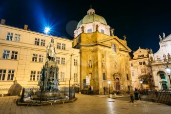 Night view of Statue Of Czech King Charles Iv In Prague, Czech Republic