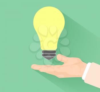 Lightbulb idea concept with hand at flat design and long shadow